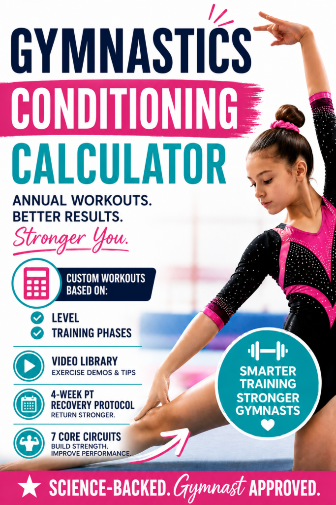 Poster promoting a gymnastics conditioning calculator; features a young female gymnast in pink and black extending a leg, with bold stacked titles and program highlights on the left side.